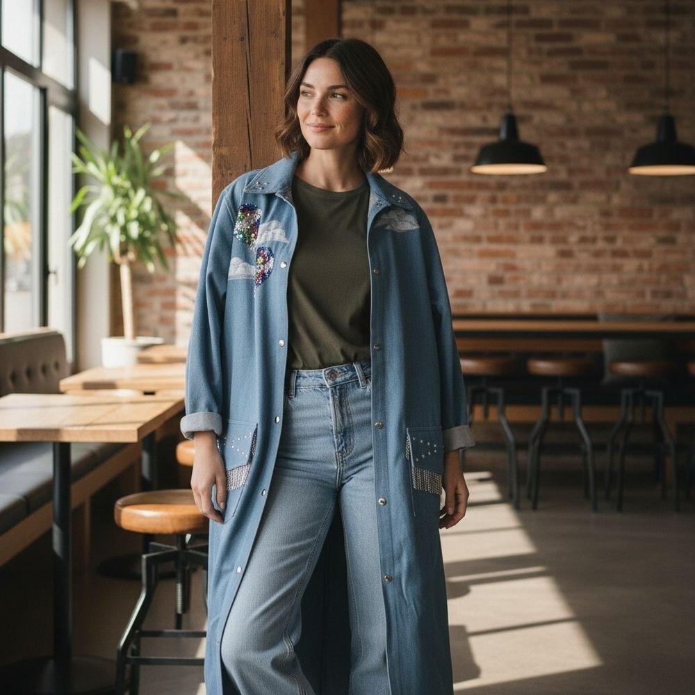 Vintage Long Denim Trench Coat with Hot Air Balloons & Beaded Fringe | Size M (F